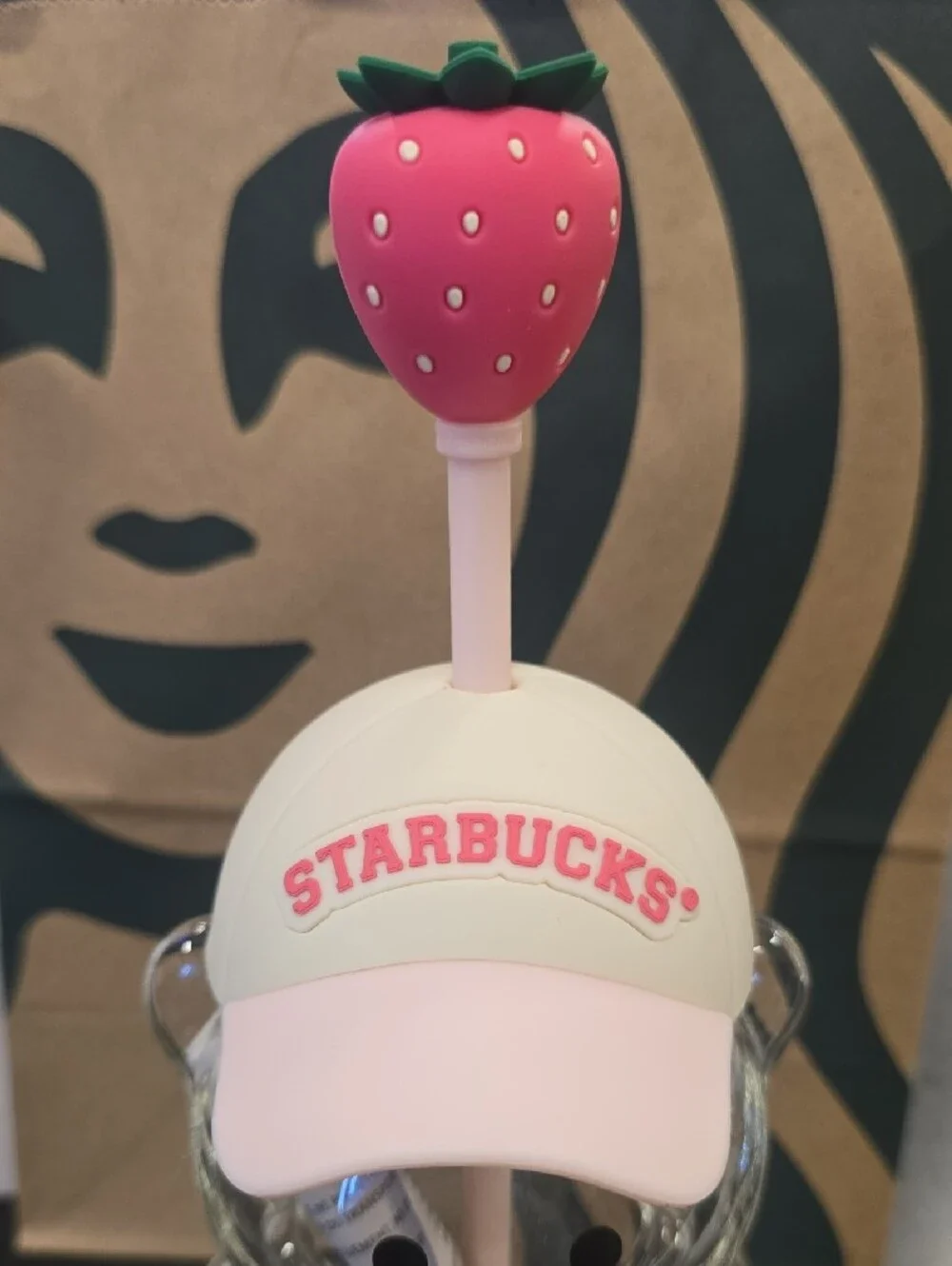 Starbucks Pink Drink Bear Cup with Pink Strawberry Cap And Topper